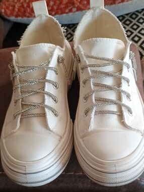Very G White Platform Canvas Sneakers with Rhinestone Laces